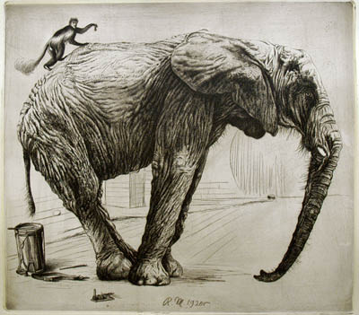 Richard M&uuml;ller (1874-1954),Affe, eine Maus haltend erklimmt einen in der Manege stehenden
alten Elefanten,Monkey, holding a mouse entering an old circus-elephant standig in a manege