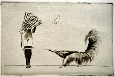 Richard M&uuml;ller (1874-1954),Hinter einem F&auml;cher versteckte Sch&ouml;ne, von einem
Ameisenb&auml;ren befragt,Beaty, hidden behind a fan, interviewed by an ant-bear