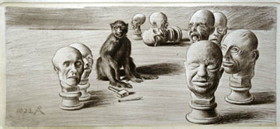 Richard M&uuml;ller (1874-1954),ein ziemlich ratloser Affe, zwischen Gipsk&ouml;pfen sitzend,a
quite helpless monkey, sitting between plaster-busts